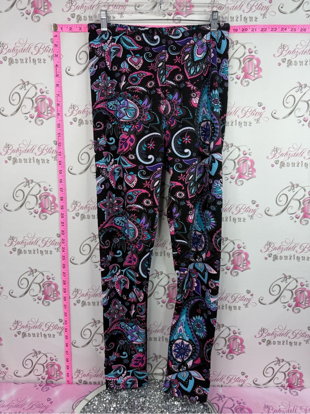 Just cozy fleece leggings Black Paisley Leggings with Pink & Teal Accents